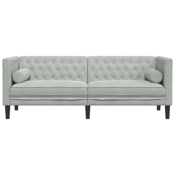 vidaXL Sofa Chesterfield z wałkami, trzyosobowa, jasnoszara, aksamit