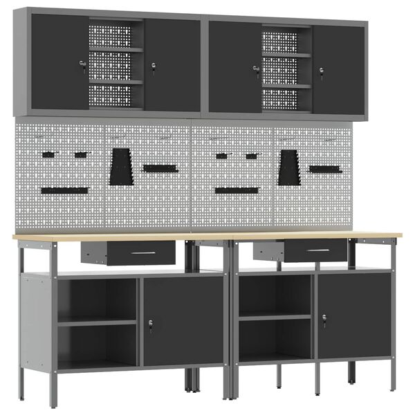 vidaXL Zestaw stołu warsztatowego 8 pcs Czarny 200 x 55 x 200 cm Stal