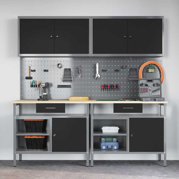 vidaXL Zestaw stołu warsztatowego 8 pcs Czarny 200 x 55 x 200 cm Stal