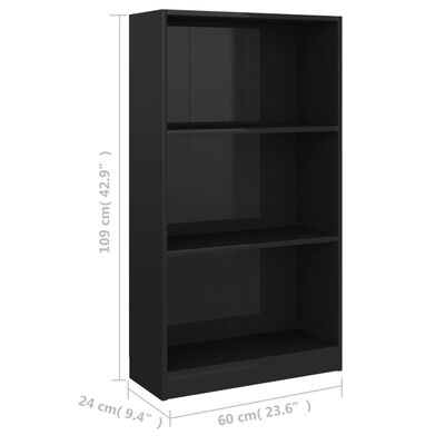 vidaXL 3-poziomowy regał, czarny, wysoki połysk, 60 x 24 x 109 cm