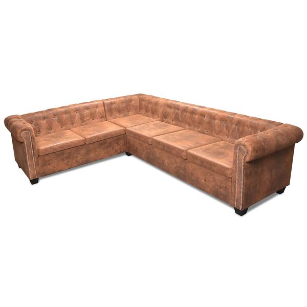 vidaXL Sofa rogowa Chesterfield sześcioosobowa brązowa, sztuczna sk&oacute;ra