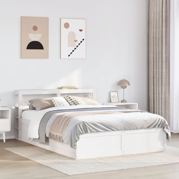 vidaXL Rama ł&oacute;żka z wezgłowiem, biała, 135x190 cm, drewno sosnowe