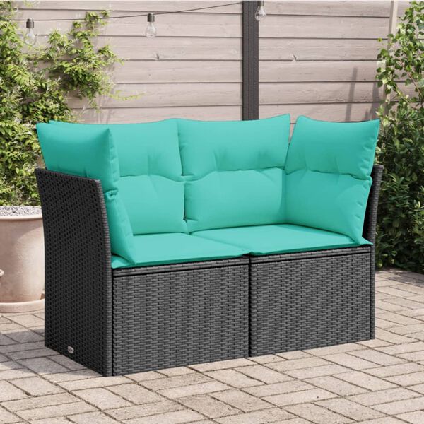 vidaXL Sofa ogrodowa z poduszkami, 2-osobowa, czarna, polirattan