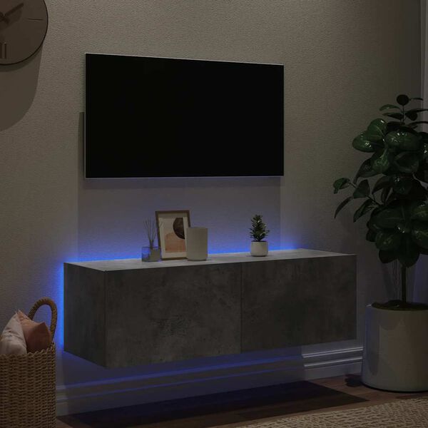 vidaXL Ścienna szafka TV z LED, szarość betonu, 100x35x31 cm