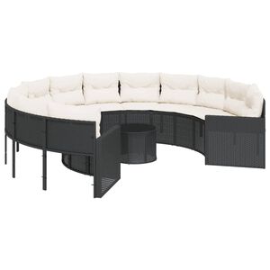vidaXL Sofa ogrodowa, stolik i poduszki, okrągła, czarny rattan PE