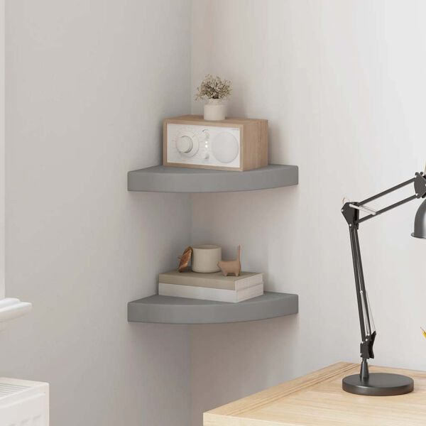 vidaXL Narożne p&oacute;łki ścienne, 2 szt., szare, 25x25x3,8 cm, MDF