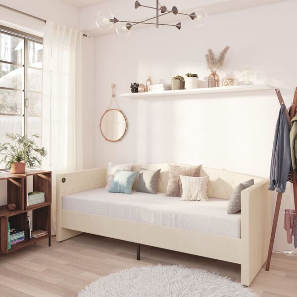 vidaXL Ł&oacute;żko dzienne z materacem i USB, kremowy aksamit, 90x200 cm