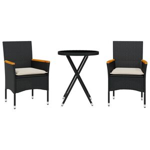 vidaXL 3-cz. zestaw bistro z poduszkami, czarny, polirattan i szkło