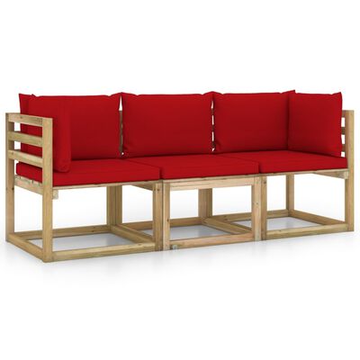 vidaXL 3-osobowa sofa ogrodowa z czerwonymi poduszkami