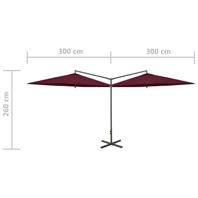 vidaXL Podwójny parasol na stalowym słupku, bordowy, 600 cm