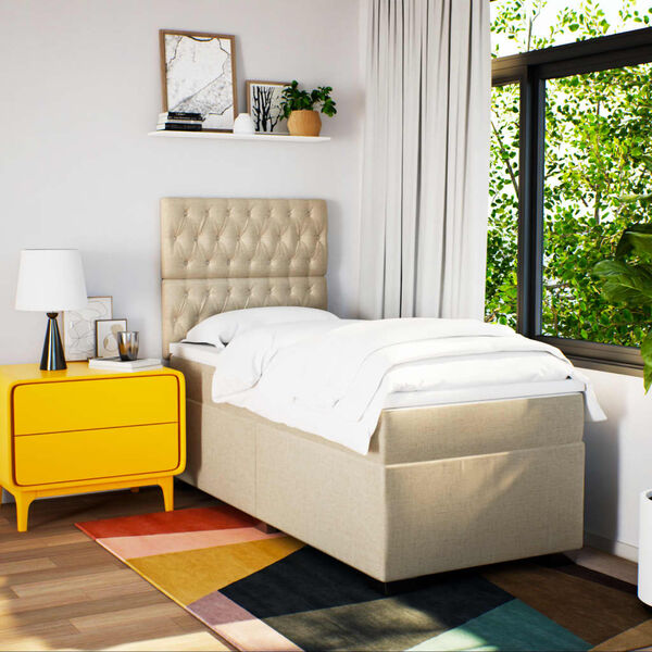 vidaXL Ł&oacute;żko kontynentalne z materacem, kremowe, tkanina, 90x190 cm