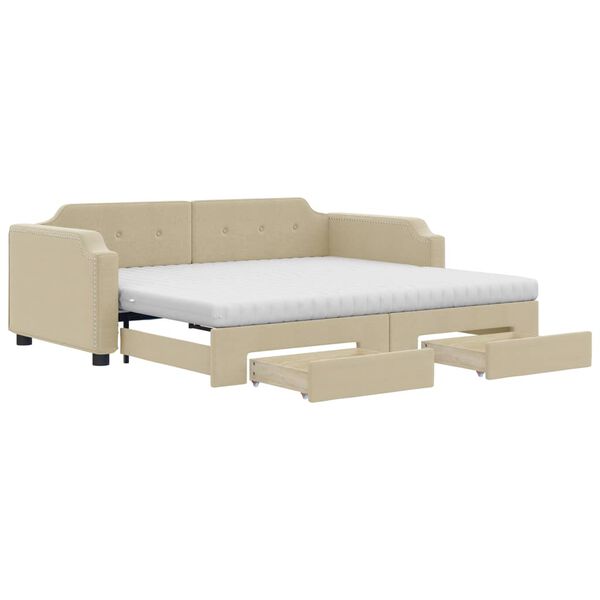 vidaXL Sofa rozsuwana z szufladami, kremowa, 90x200 cm, tkanina