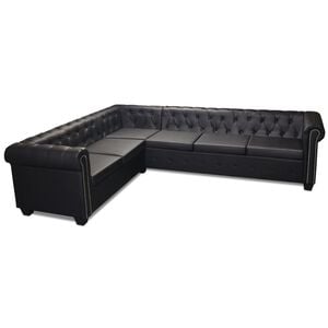 vidaXL Sofa rogowa Chesterfield sześcioosobowa czarna, sztuczna sk&oacute;ra
