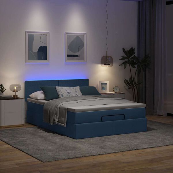 vidaXL Ł&oacute;żko Ottoman z materacem i diodami LED Niebieski 140x190 cm