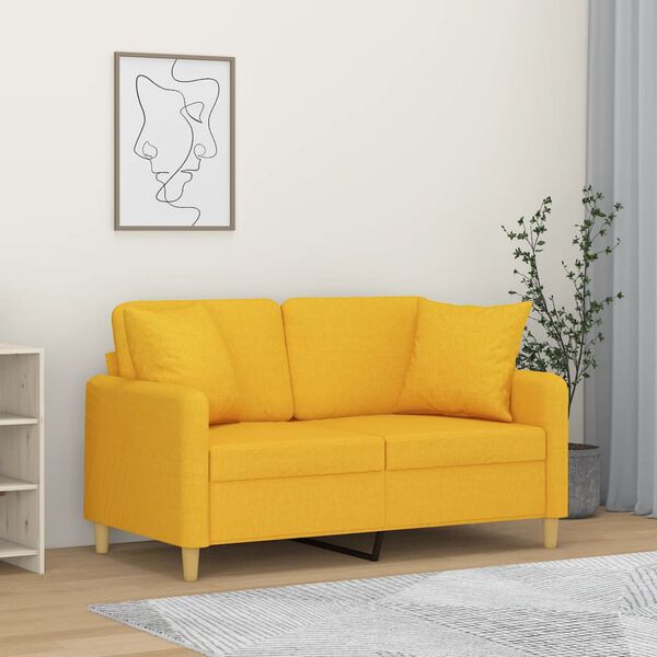 vidaXL 2-osobowa sofa z poduszkami, ż&oacute;łta, 120 cm, tkanina