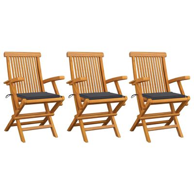vidaXL Krzesła ogrodowe z antracytowymi poduszkami, 3 szt., tekowe
