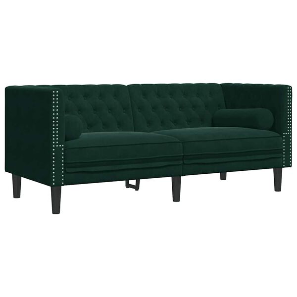 vidaXL Sofa Chesterfield z wałkami, dwuosobowa, ciemnozielona, aksamit