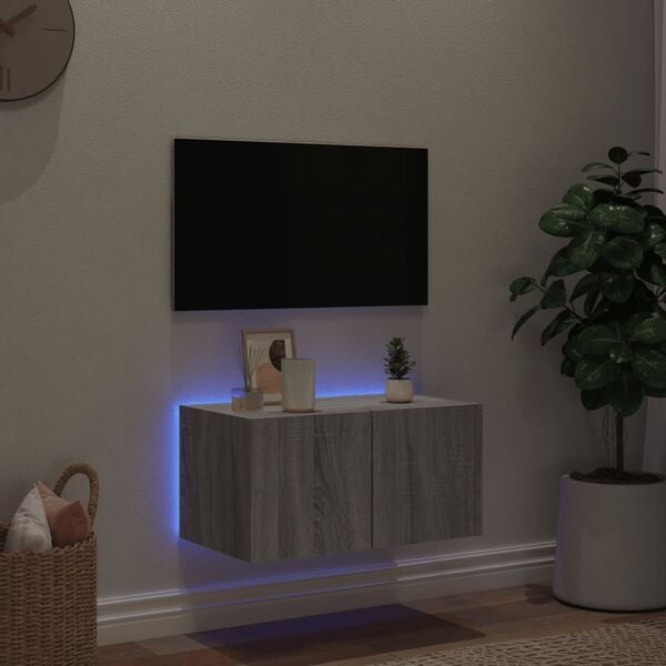 vidaXL Ścienna szafka TV z LED, szary dąb sonoma, 60x35x31 cm