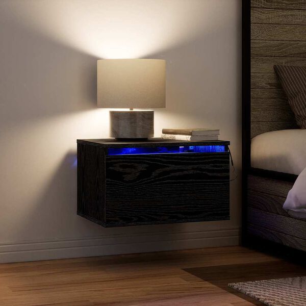 vidaXL Ścienny stolik nocny z szufladą Czarny Dąb 50 x 36 x 30 cm