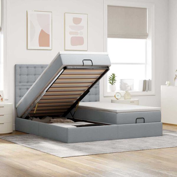 vidaXL Rama ł&oacute;żka otomana z materacami, szara, 180x200 cm, tkanina