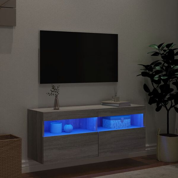 vidaXL Ścienna szafka TV z LED, szary dąb sonoma, 100x30x40 cm