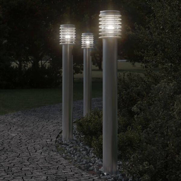 vidaXL Lampy ogrodowe na słupku, 3 szt., srebrne, 110 cm, stal
