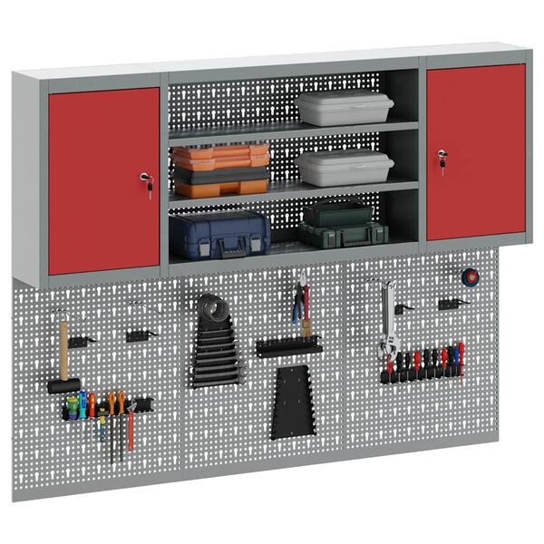 vidaXL Zestaw Szafki Narzędziowej i Pegboard z p&oacute;łką 6 pcs Czerwony