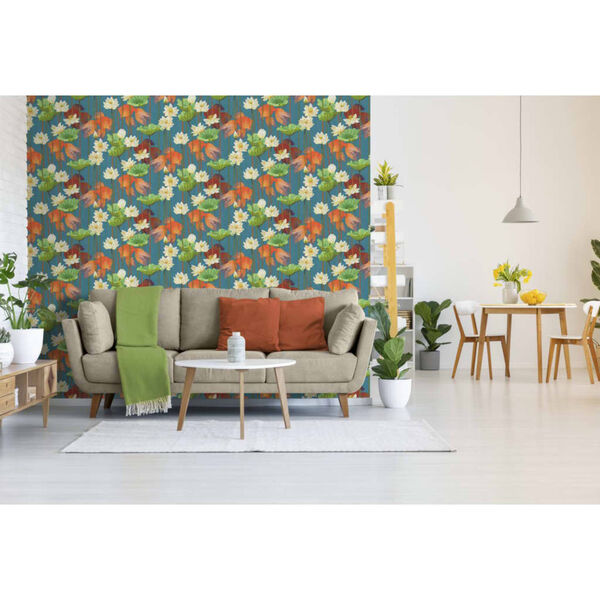 DUTCH WALLCOVERINGS Tapeta w kwiaty i ryby, niebieska