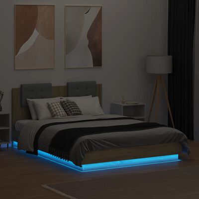 vidaXL Rama łóżka z wezgłowiem i LED, dąb sonoma, 140x190 cm