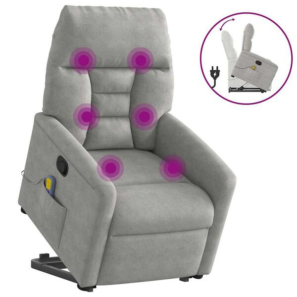 vidaXL Podnoszony fotel masujący, rozkładany, jasnoszary, mikrofibra