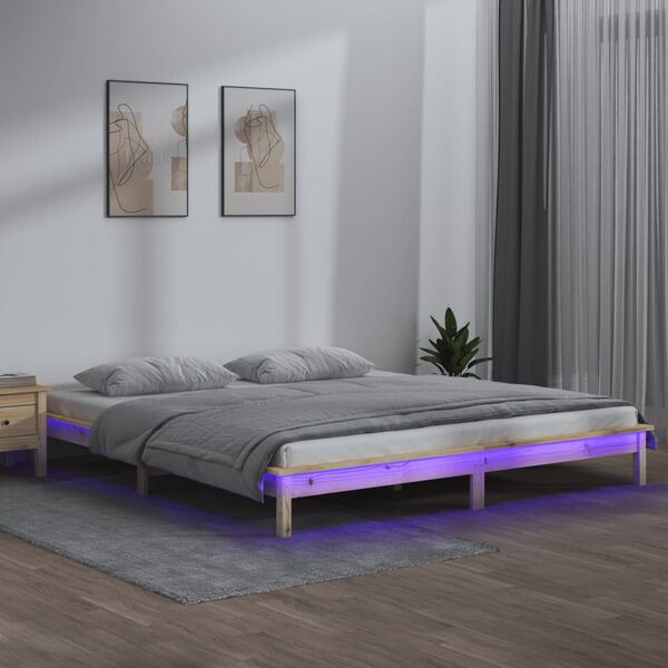 vidaXL Rama ł&oacute;żka z LED, 150x200 cm, King Size, lite drewno
