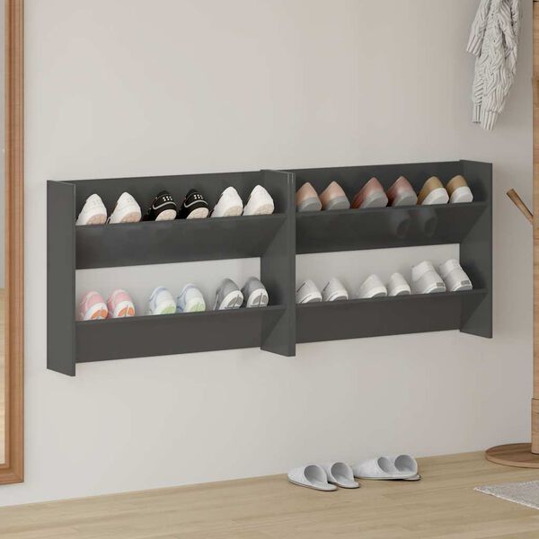 vidaXL P&oacute;łki ścienne na buty, 2 szt., szare z połyskiem, 80x18x60 cm