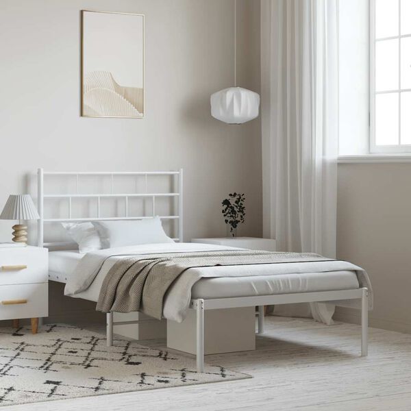 vidaXL Metalowa rama ł&oacute;żka z wezgłowiem, biała, 100x200 cm