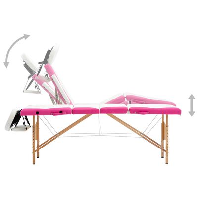 vidaXL Składany stół do masażu, 4-strefowy, drewniany, biało-różowy