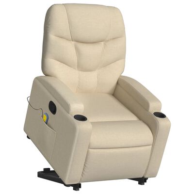 vidaXL Podnoszony fotel masujący, rozkładany, kremowy, obity tkaniną