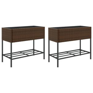 vidaXL Donice ogrodowe z p&oacute;łką, 2 szt., brąz, 90x40x75 cm, polirattan