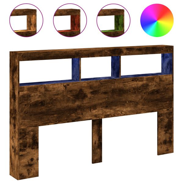 vidaXL Zagł&oacute;wek z p&oacute;łkami i LED, przydymiony dąb, 160x17x102 cm