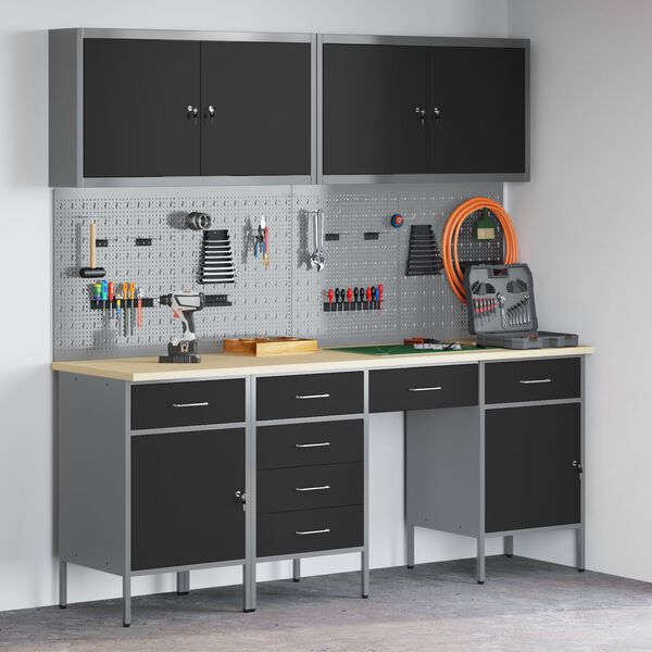 vidaXL Stół warsztatowy Z blokadą 10 pcs Czarny 200 x 55 x 200 cm Stal