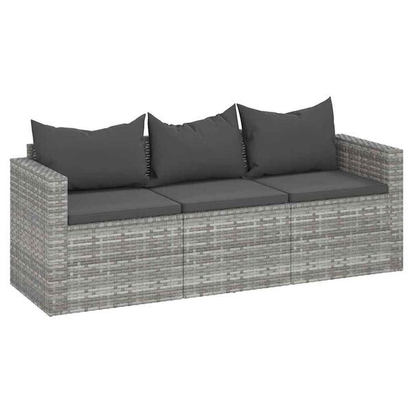 vidaXL 3-osobowa sofa ogrodowa z poduszkami, szara, polirattan