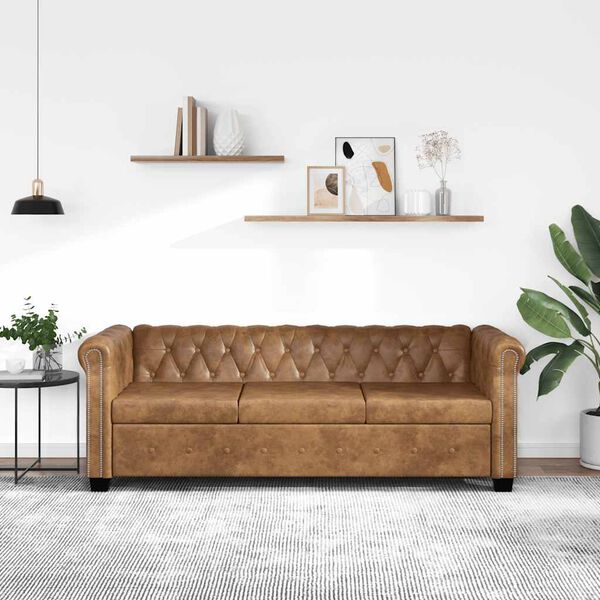 vidaXL Trzyosobowa sofa Chesterfield ze sztucznej skóry, brązowa