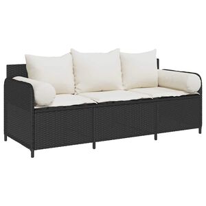 vidaXL Sofa ogrodowa z poduszkami, 3-osobowa, czarna, polirattan
