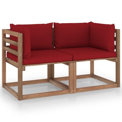 vidaXL Ogrodowa sofa 2-os. z palet, z czerwonymi poduszkami, sosna