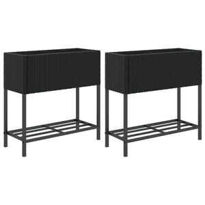 vidaXL Donice ogrodowe z p&oacute;łką, 2 szt, czarne, 70x28x70 cm, polirattan