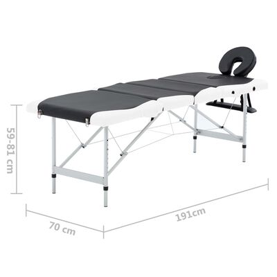 vidaXL Składany stół do masażu, 4-strefowy, aluminiowy, czarno-biały