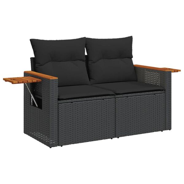 vidaXL Sofa ogrodowa z poduszkami, 2-osobowa, czarna, polirattan