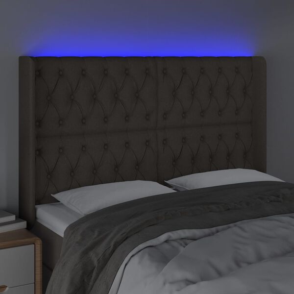 vidaXL Zagł&oacute;wek do ł&oacute;żka z LED, taupe, 147x16x118/128 cm, tkanina