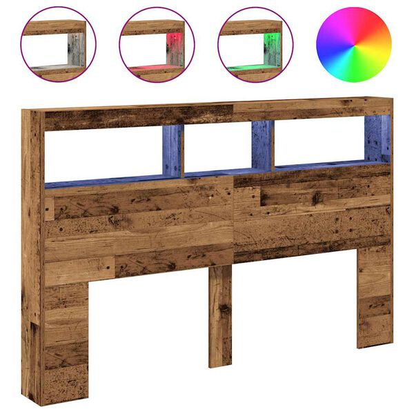 vidaXL Zagł&oacute;wek z p&oacute;łkami i LED, stare drewno, 160x17x102 cm