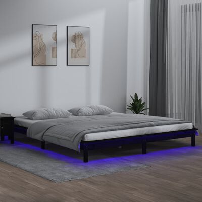 vidaXL Rama łóżka z LED, czarna, 150x200 cm, King Size, lite drewno