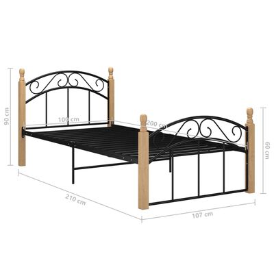 vidaXL Rama łóżka, czarny metal i lite drewno dębowe, 100x200 cm