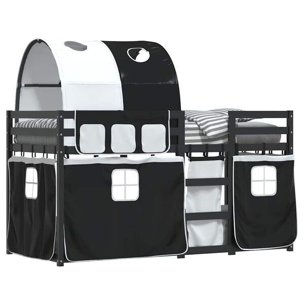 vidaXL Ł&oacute;żko piętrowe z zasłonkami, biało-czarne, 90x190 cm, sosnowe